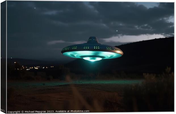 A close up view of a UFO with a spotlight pointed at the bottom  Canvas Print by Michael Piepgras