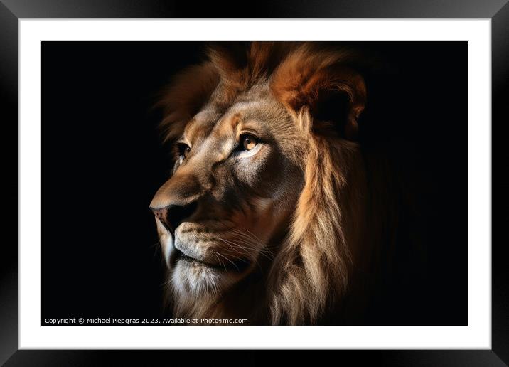 A closeup of a male Lion on a black background created with gene Framed Mounted Print by Michael Piepgras