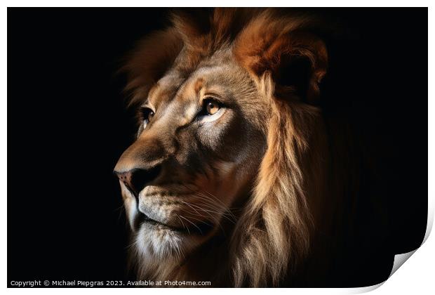 A closeup of a male Lion on a black background created with gene Print by Michael Piepgras