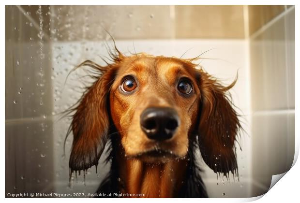 A dog in the shower created with generative AI technology. Print by Michael Piepgras