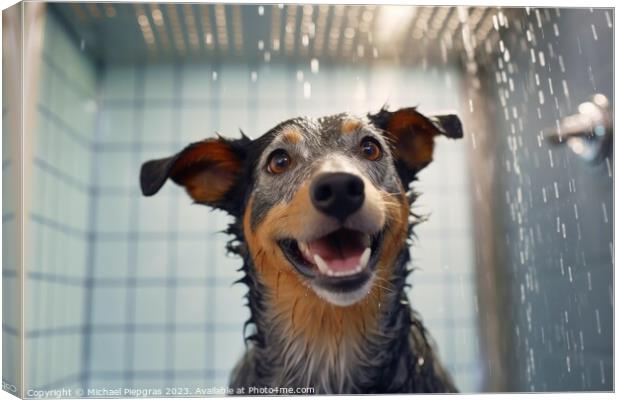 A dog in the shower created with generative AI technology. Canvas Print by Michael Piepgras