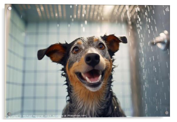 A dog in the shower created with generative AI technology. Acrylic by Michael Piepgras