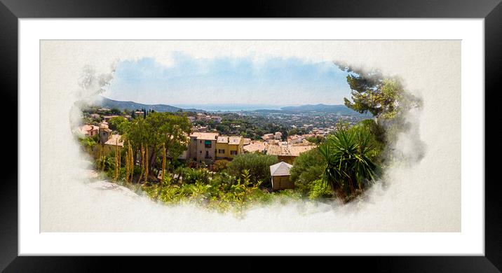 Panoramic View from Bormes Les Mimosas at the mediterranean sea in watercolor Framed Mounted Print by youri Mahieu