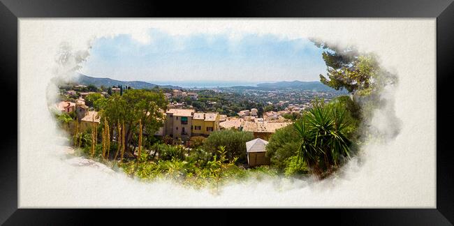 Panoramic View from Bormes Les Mimosas at the mediterranean sea in watercolor Framed Print by youri Mahieu