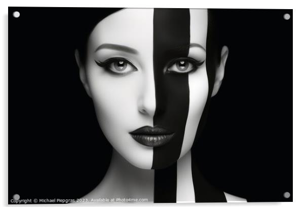Portrait of a woman with a black and white makeup separating the Acrylic by Michael Piepgras