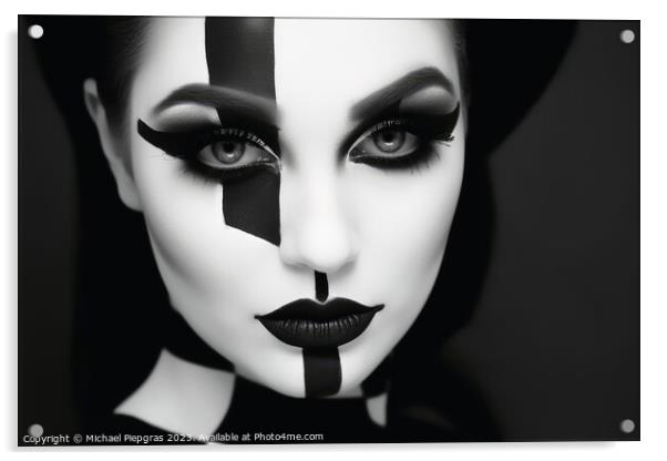 Portrait of a woman with a black and white makeup separating the Acrylic by Michael Piepgras