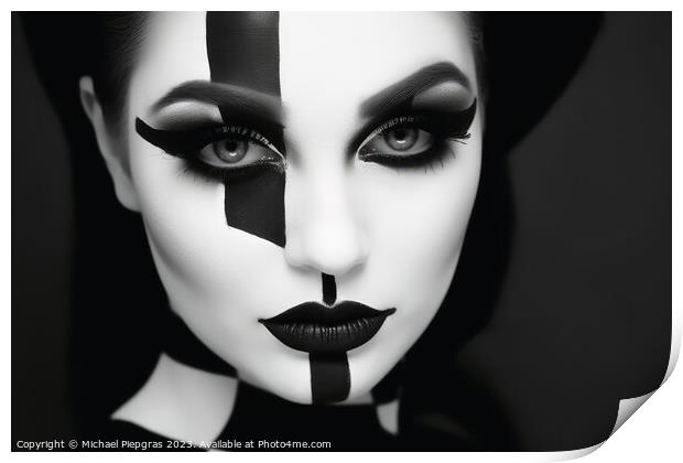 Portrait of a woman with a black and white makeup separating the Print by Michael Piepgras