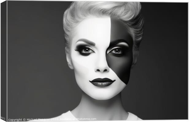 Portrait of a woman with a black and white makeup separating the Canvas Print by Michael Piepgras