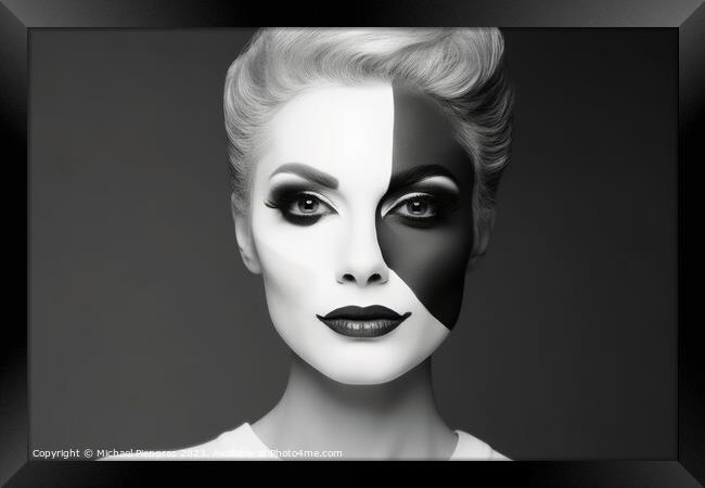 Portrait of a woman with a black and white makeup separating the Framed Print by Michael Piepgras