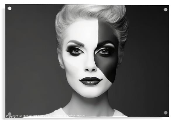 Portrait of a woman with a black and white makeup separating the Acrylic by Michael Piepgras