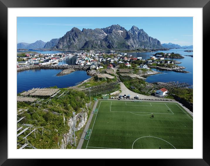 Aerial view of fishing village and football field on Lofoten Islands in Norway Framed Mounted Print by Irena Chlubna