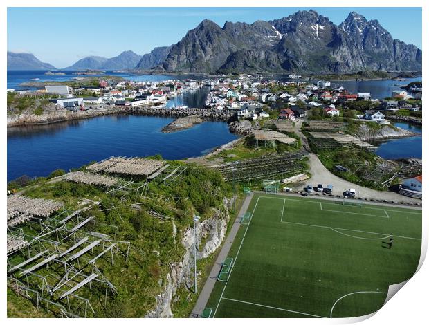 Aerial view of fishing village and football field on Lofoten Islands in Norway Print by Irena Chlubna