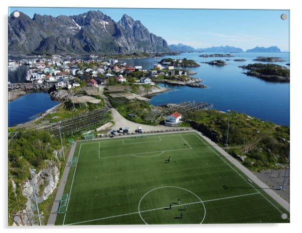 Aerial view of fishing village and football field on Lofoten Islands in Norway Acrylic by Irena Chlubna