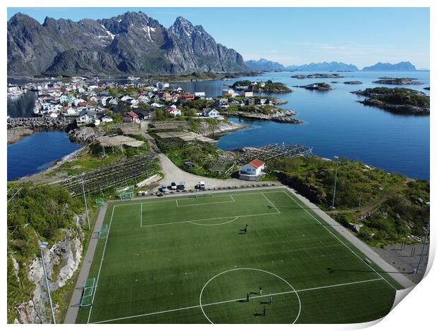 Aerial view of fishing village and football field on Lofoten Islands in Norway Print by Irena Chlubna