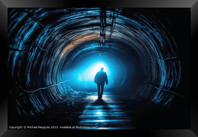 Back view of a lonely person in a tunnel  created with generativ Framed Print by Michael Piepgras