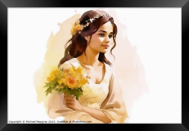 Watercolor portrait of a bride on white created with generative  Framed Print by Michael Piepgras
