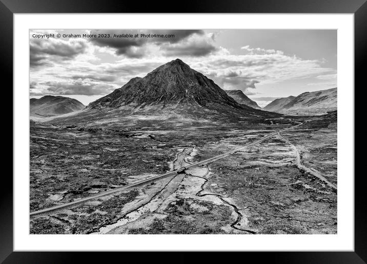 Buachaille Etive Mor and River Etive monochrome Framed Mounted Print by Graham Moore