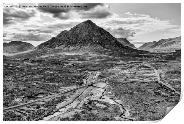 Buachaille Etive Mor and River Etive monochrome Print by Graham Moore