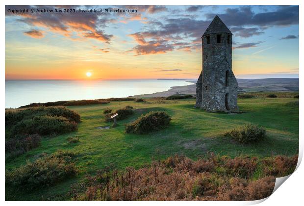 Setting sun at St Catherine's Oratory Print by Andrew Ray