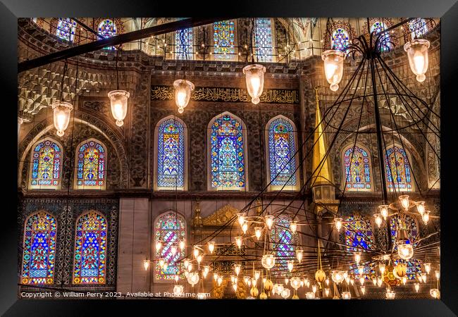 Blue Mosque Lights Basilica Stained Glass Istanbul Turkey Framed Print by William Perry