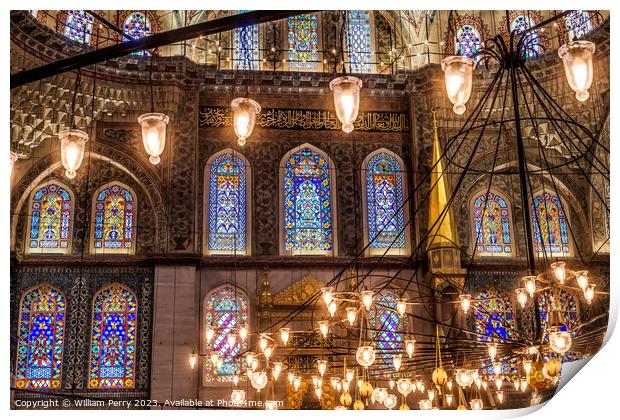 Blue Mosque Lights Basilica Stained Glass Istanbul Turkey Print by William Perry