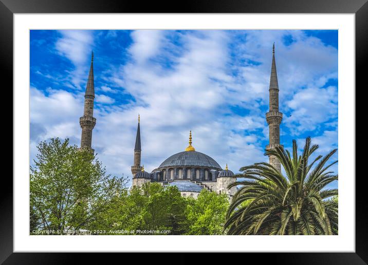Blue Mosque Dome Minarets Trees Istanbul Turkey Framed Mounted Print by William Perry