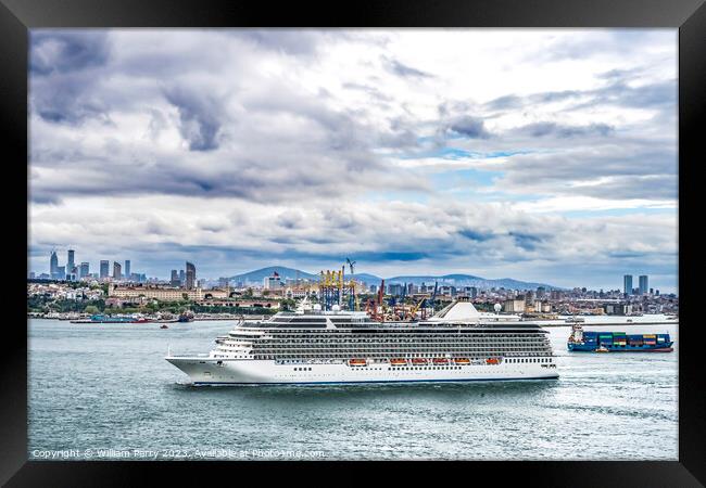 Cruise Ship Freighter Buildings Bosphorus Strait Istanbul Turkey Framed Print by William Perry