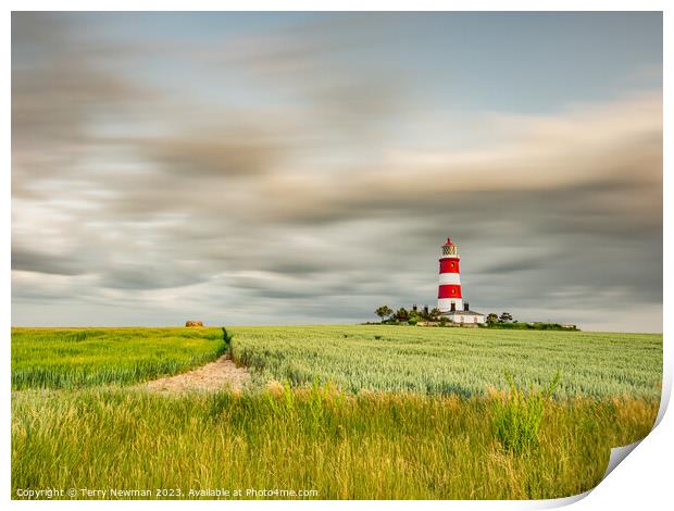 Happisburgh Lighthouse with a dramatic sky Print by Terry Newman