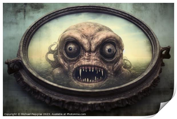 Deeply unsettling surrealist horror portrait created with genera Print by Michael Piepgras