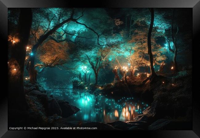 A fantasy forest with glowing lights and sparkling trees created Framed Print by Michael Piepgras