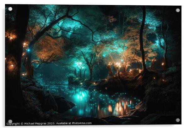 A fantasy forest with glowing lights and sparkling trees created Acrylic by Michael Piepgras