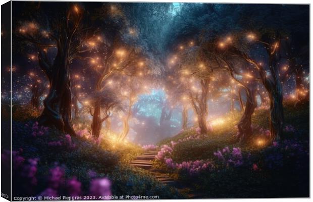 A fantasy forest with glowing lights and sparkling trees created Canvas Print by Michael Piepgras
