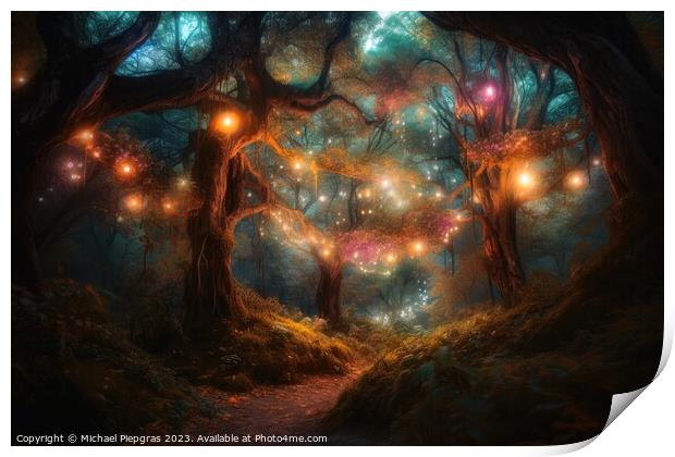 A fantasy forest with glowing lights and sparkling trees created Print by Michael Piepgras
