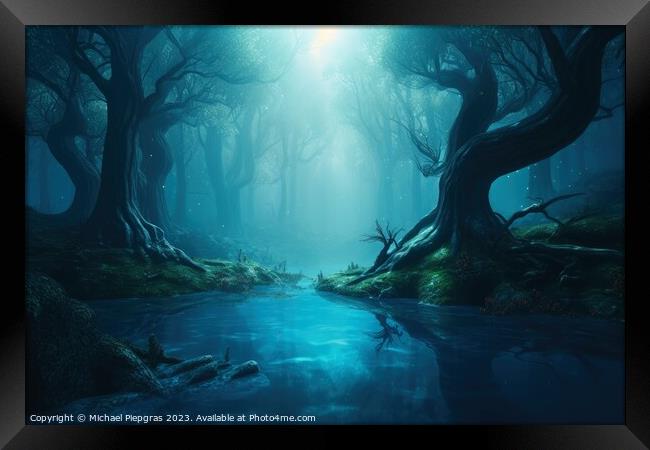 A fantasy forest with trees and water created with generative AI Framed Print by Michael Piepgras