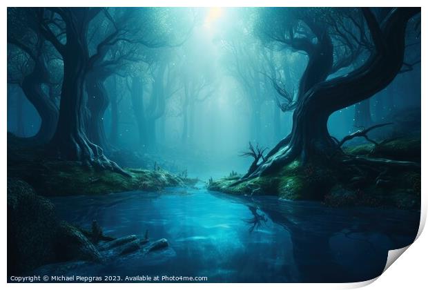 A fantasy forest with trees and water created with generative AI Print by Michael Piepgras