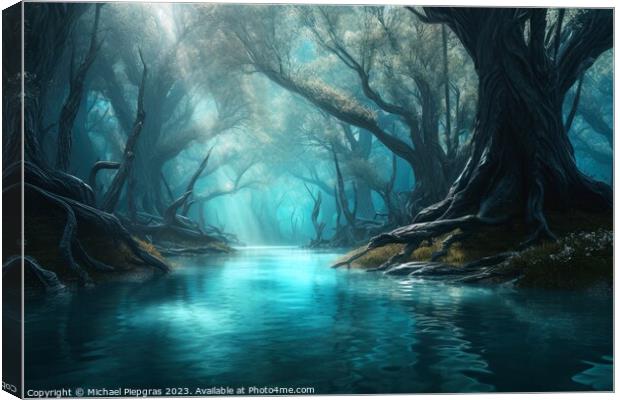 A fantasy forest with trees and water created with generative AI Canvas Print by Michael Piepgras
