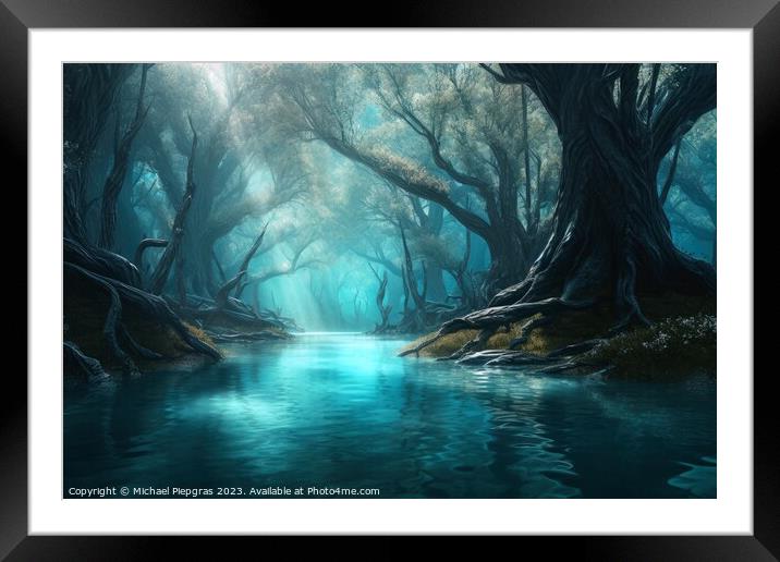 A fantasy forest with trees and water created with generative AI Framed Mounted Print by Michael Piepgras