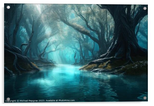 A fantasy forest with trees and water created with generative AI Acrylic by Michael Piepgras