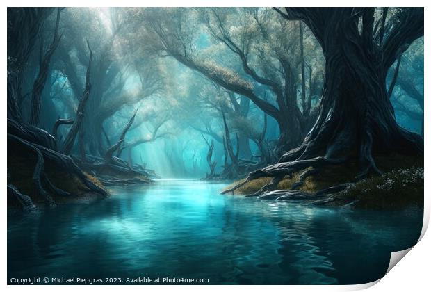 A fantasy forest with trees and water created with generative AI Print by Michael Piepgras