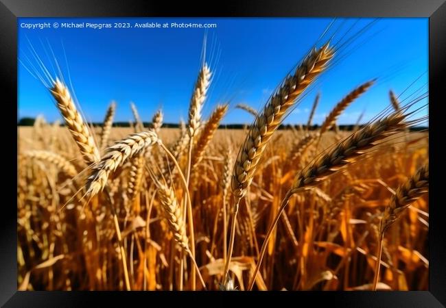 A field of ripe wheat against the blue sky created with generati Framed Print by Michael Piepgras