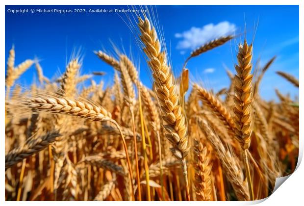 A field of ripe wheat against the blue sky created with generati Print by Michael Piepgras