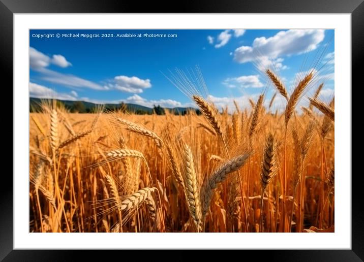A field of ripe wheat against the blue sky created with generati Framed Mounted Print by Michael Piepgras