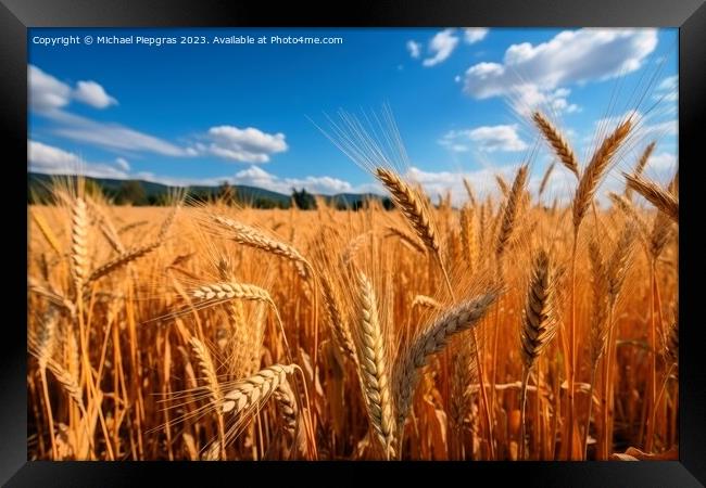 A field of ripe wheat against the blue sky created with generati Framed Print by Michael Piepgras