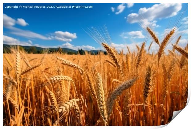 A field of ripe wheat against the blue sky created with generati Print by Michael Piepgras
