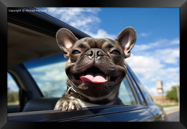 A funny dog out of a car window created with generative AI techn Framed Print by Michael Piepgras