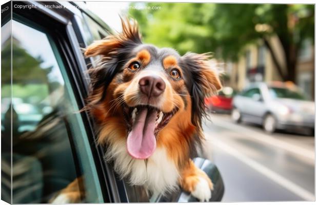 A funny dog out of a car window created with generative AI techn Canvas Print by Michael Piepgras