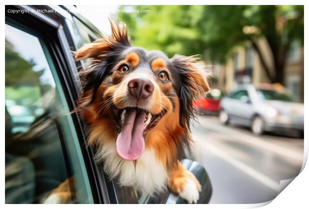 A funny dog out of a car window created with generative AI techn Print by Michael Piepgras