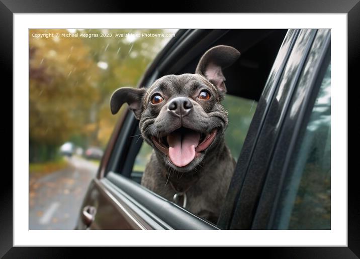 A funny dog out of a car window created with generative AI techn Framed Mounted Print by Michael Piepgras