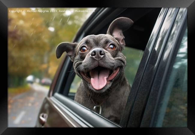 A funny dog out of a car window created with generative AI techn Framed Print by Michael Piepgras