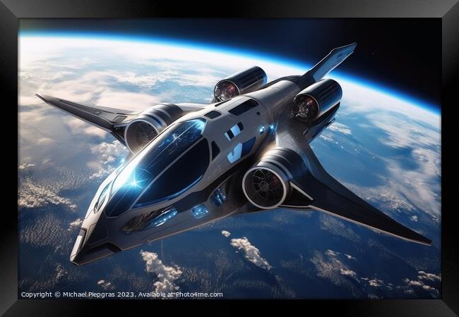 A futuristic aircraft in space with planet earth in the backgrou Framed Print by Michael Piepgras